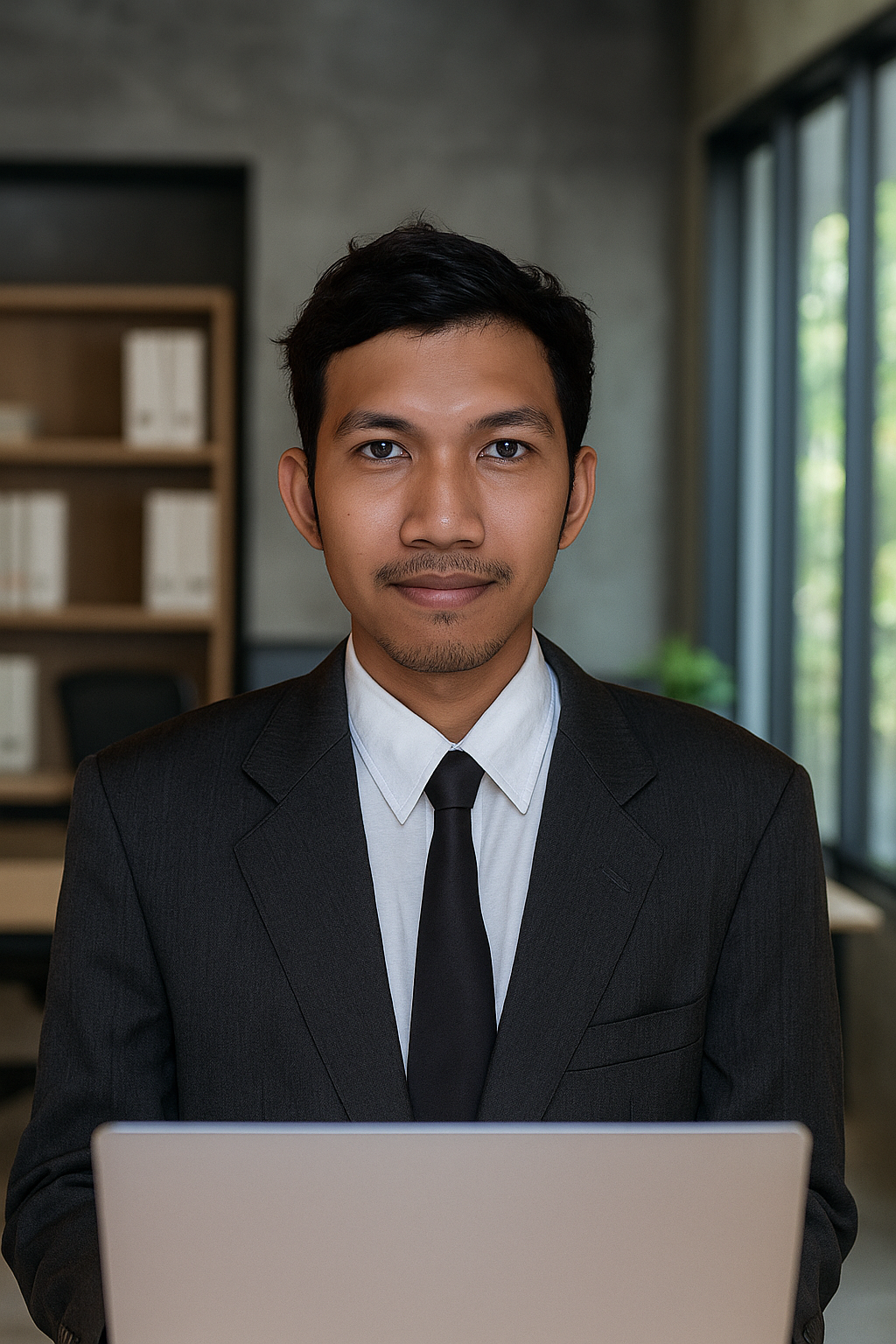Professional headshot of a developer in casual business attire with a friendly expression and office background